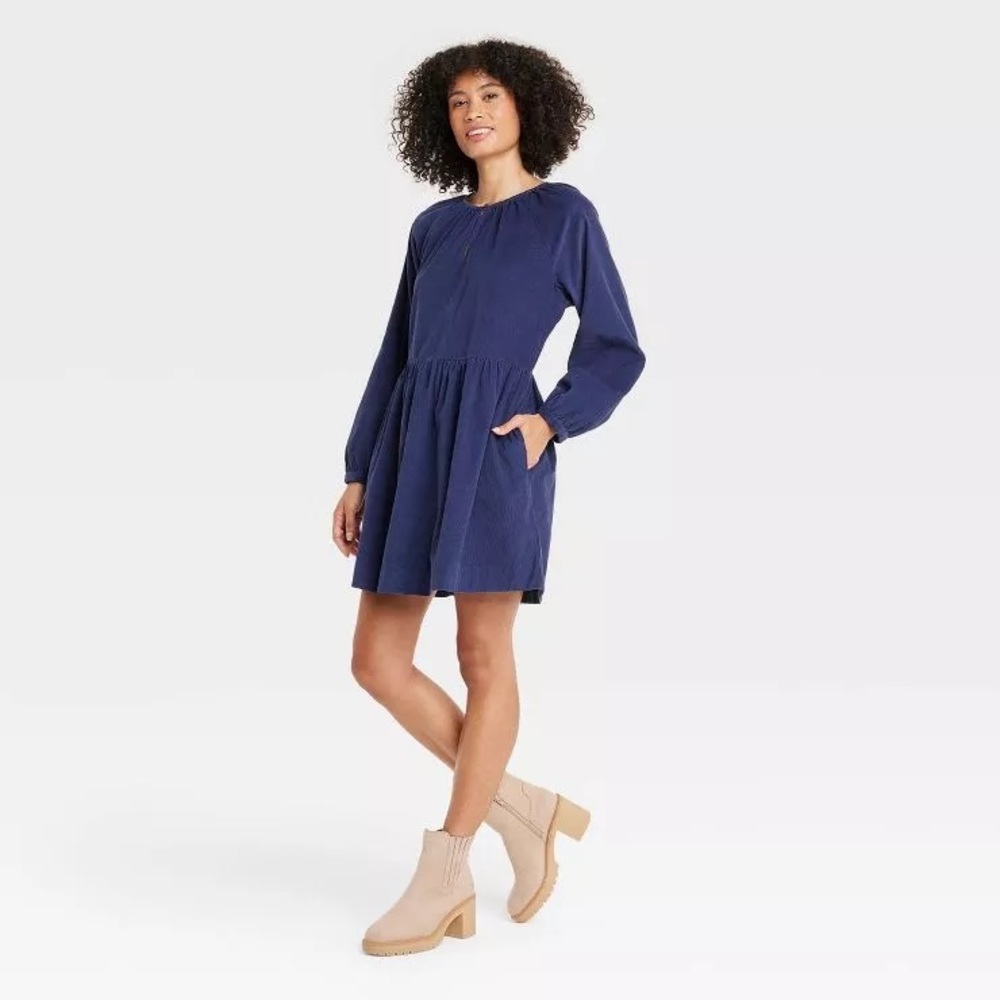 Balloon Long Sleeve Corduroy Shift Dress